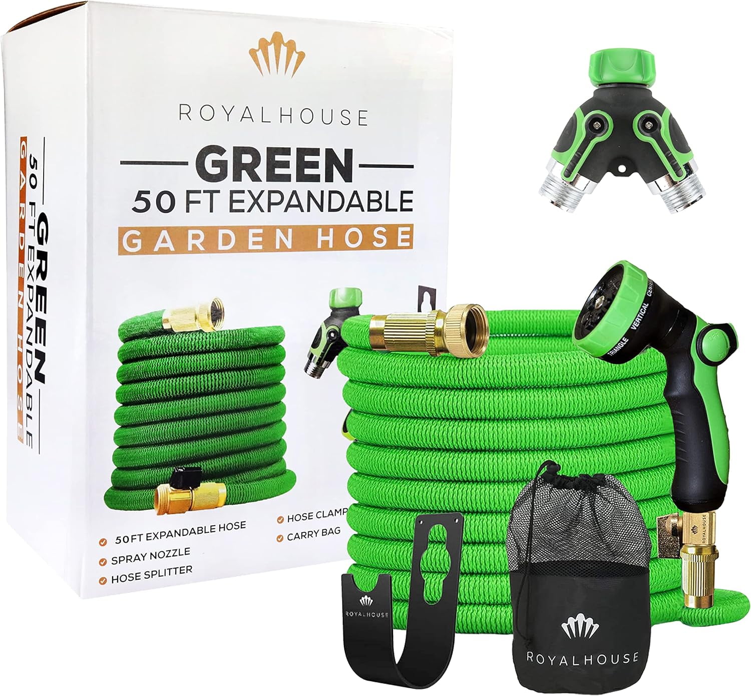 Expandable Garden Hose with 8 Function Spray Nozzle - Leak Proof Design, Green, 50 ft