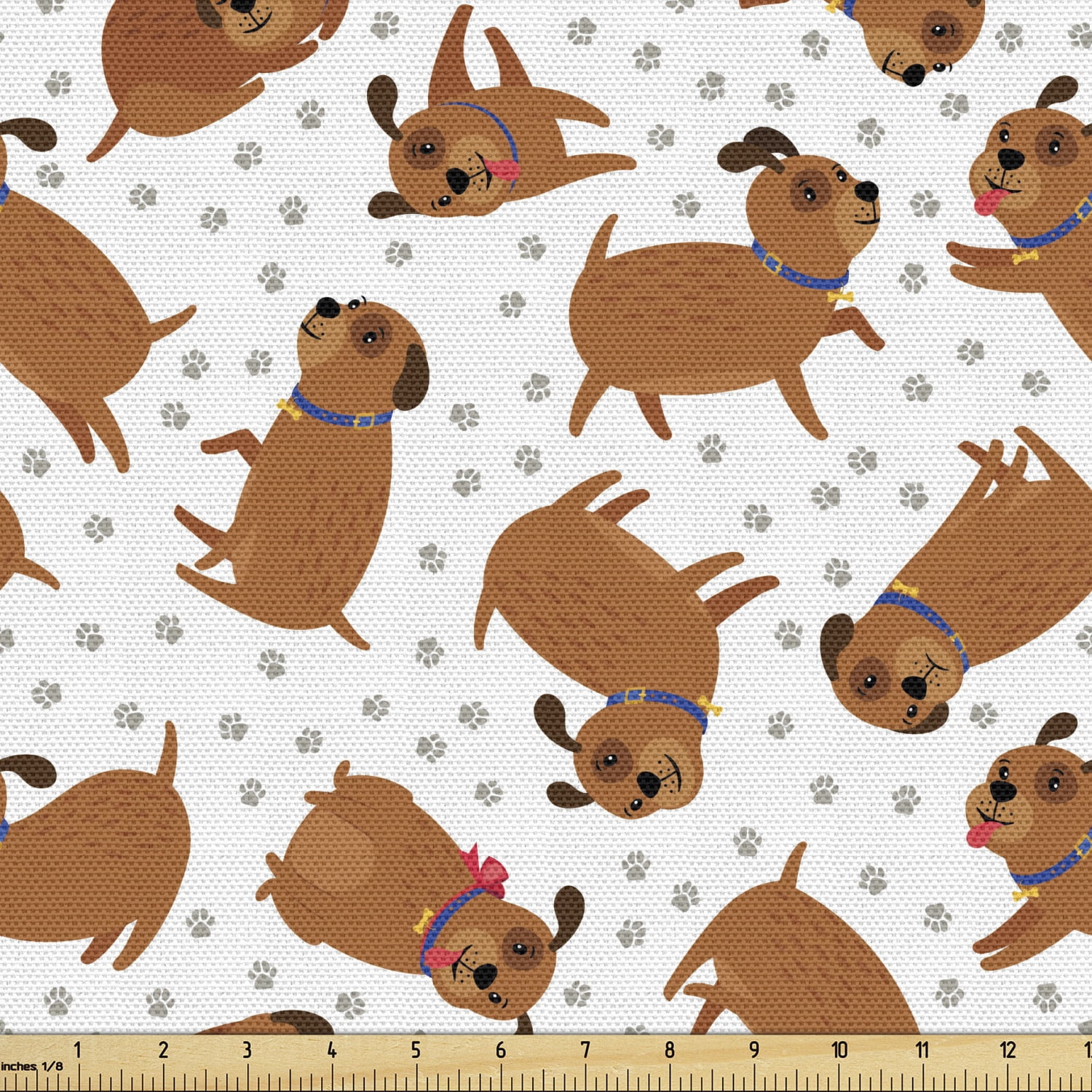 Dogs Fabric by the Yard, Friendly Puppy Characters on a Backdrop with