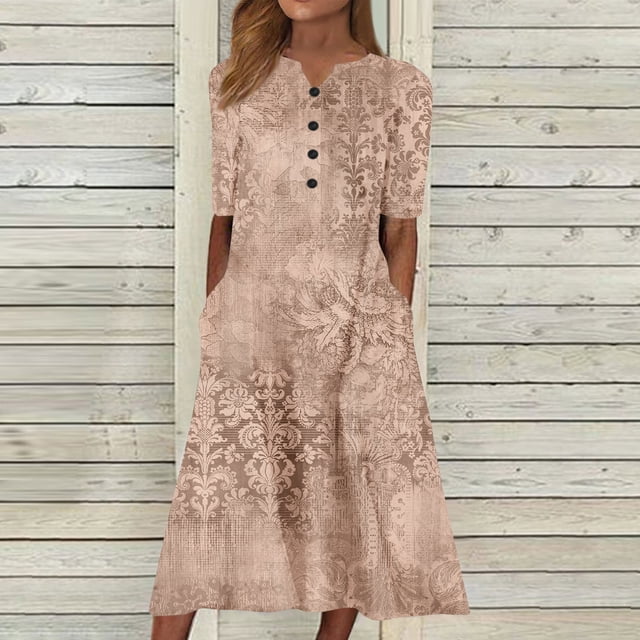 ICHUANYI Clearance Fashion Women Summer Printing Causal V-Neck Button Short Sleeve Vacation Pockets Dress(Khaki, M) ICHUANYI WER2023081001746