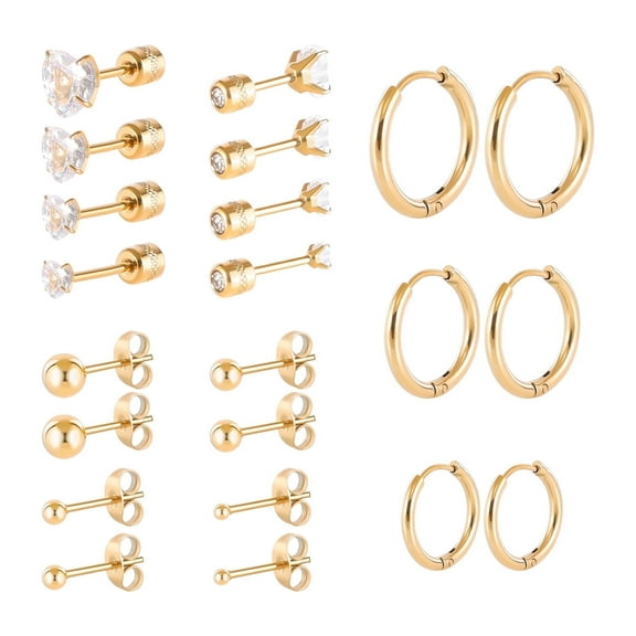 11 Pairs Flat Screw Back Stud Hoop Earrings Sets for Multiple Piercing, Surgical Stainless Steel Double Sided Heart Star Square Round CZ Stud Earrings For Women