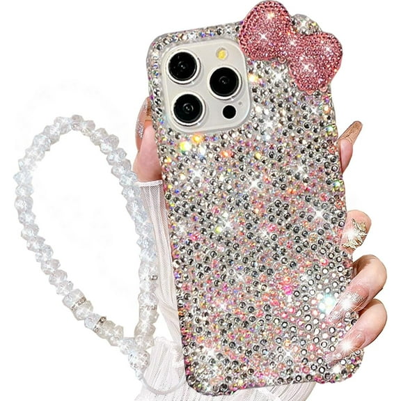 Clear Glitter 3D Bow Pink Case for iPhone 16 Pro Max,Bling Sparkly Crystal Rhinestone Cute Shockproof Diamond Girly Women Case Cover with Wrist Strap Bracelet for iPhone 16 Pro Max (Silver)