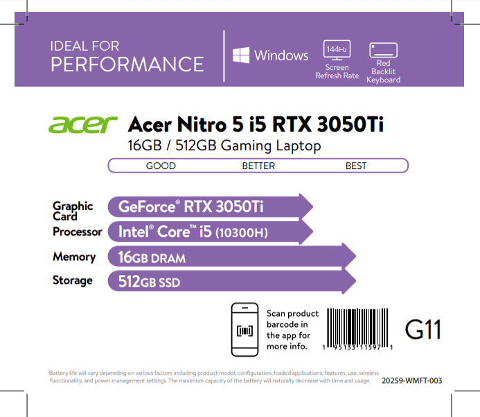 Acer Nitro 5 , 15.6" Full HD 144Hz IPS Display, 10th Gen Intel Core i5-10300H, NVIDIA GeForce RTX 3050Ti Laptop GPU, 16GB DDR4, 512GB NVMe SSD, Windows 10 Home, AN515-55-57C4