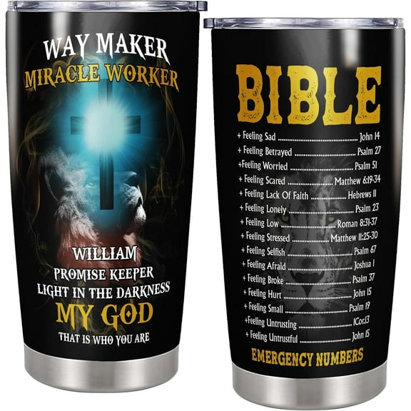 Personalized Christian Tumbler 20oz Stainless Steel Insulated Cup Religious Bible Emergency Numbers Coffee Travel Mug Gifts for Christians Lion Men Boy Dad