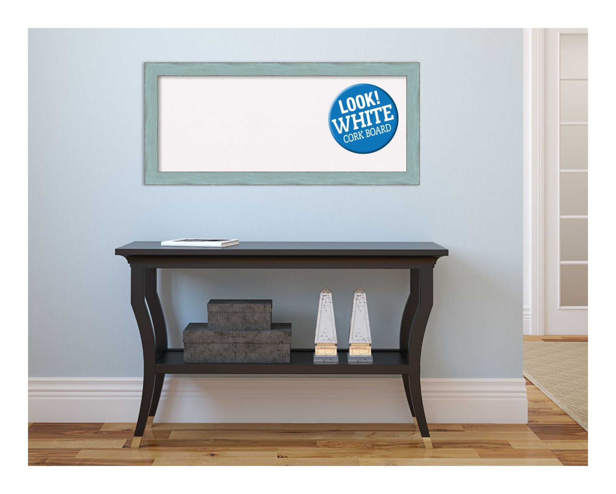 Amanti Art Natural Cork Board Wood Framed Sky Blue Rustic Bulletin Board 32 in. x 14 in.
