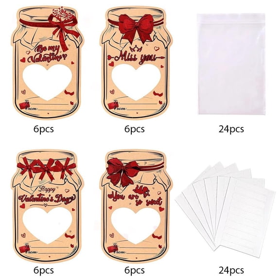 Valentines Day Mason Jar Greeting Cards,48PCS DIY Happy Valentines Day Candy Card,Funny ValentinesDay Exchange Cards with Candy Bags for Classroom School Prize Party Favor
