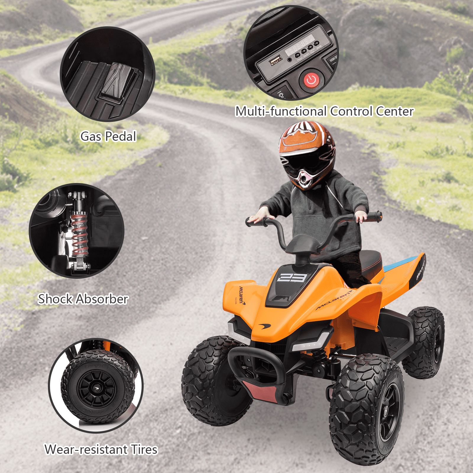 24V Battery Powered, 4-Wheeler Quad Car Toy ATV for 3-8yrs, Electric Off-Road Car with 2 Speeds, LED Lights, Bluetooth, MP3