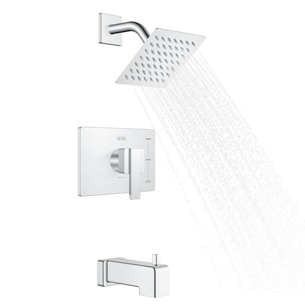 Kenes Kit de accesorios para bañera y ducha de cromo pulido, grifo de ducha moderno con cabezal de ducha de lluvia cuadrado de acero inoxidable de un solo rociador, ajuste de ducha cromado Ke-6025A-5
