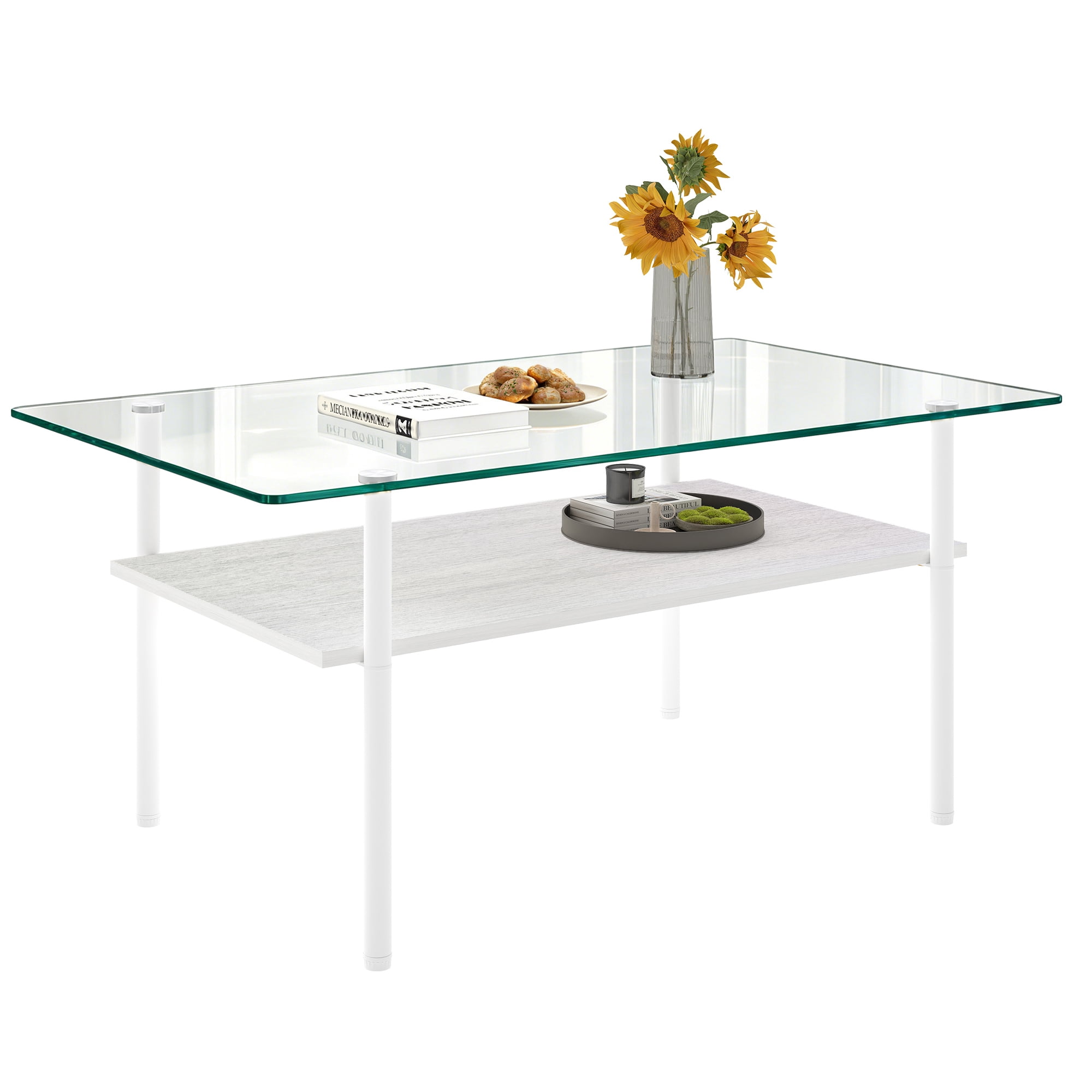 Modern Rectangular Glass Coffee Table with Tempered Glass Top and Wood Shelf, 38.6-Inch Center Table for Living Room, Transparent and White