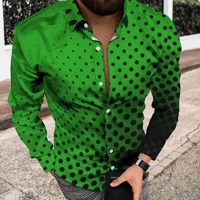 Camisa de moda para hombre, con lunares, costura a cuadros, botones de moda, camisa informal de calle para exteriores con solapa para hombre, talla grande