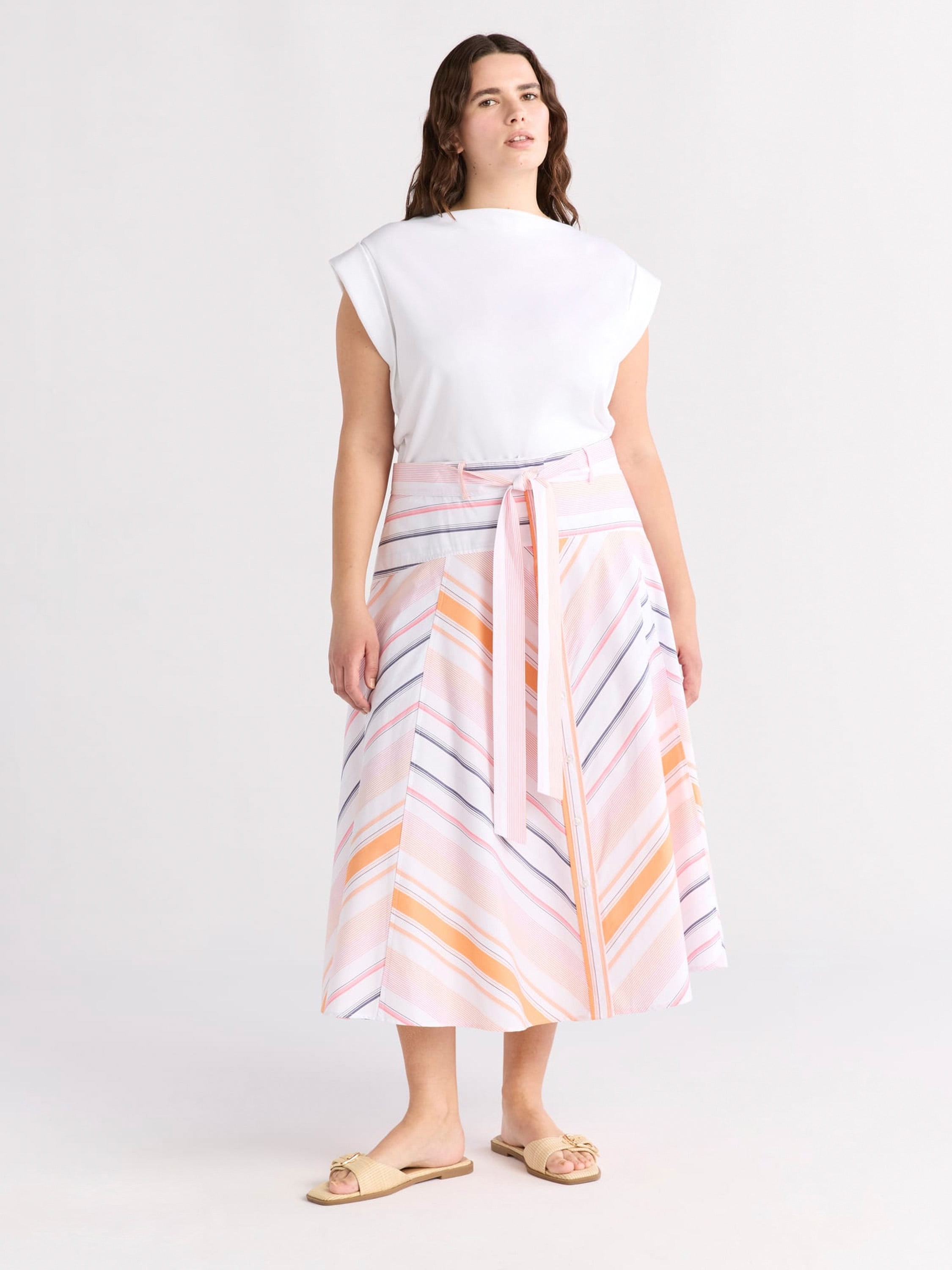 Free Assembly Women's and Women's Plus Size Belted Button Front Cotton Midi Skirt, XS-4X