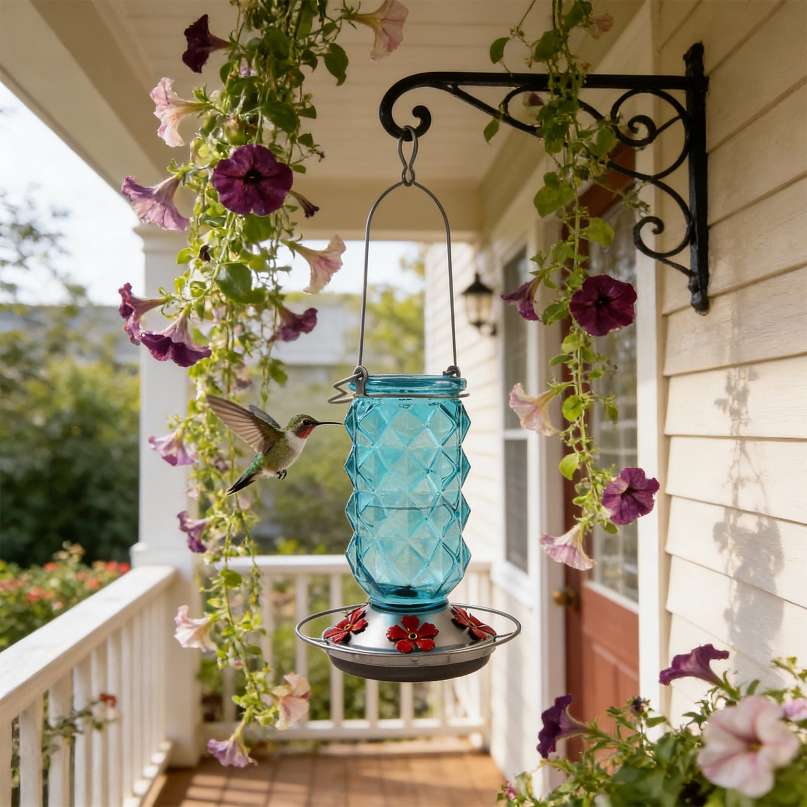 BZPIZ Hummingbird Feeders for Outdoors, Hanging Glass Bowl Hummingbird Feeder with Flower Shaped Feeding Ports, Bird Baths for Hummingbirds, Garden Patio Backyard Lawn Decor Blue