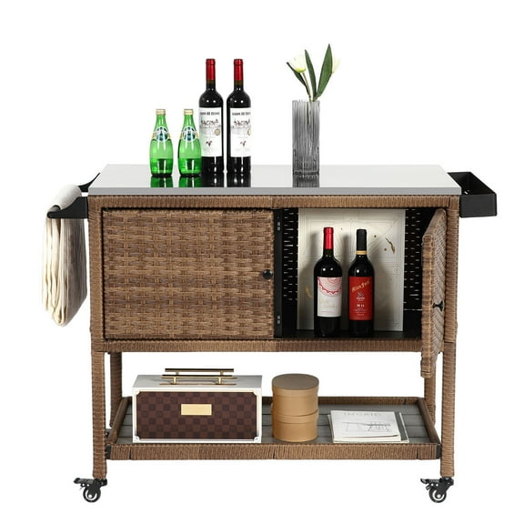 CQSXDA Outdoor Wicker Bar Cart in Brown with Stainless Steel Top and Wheels for Poolside and Garden Parties