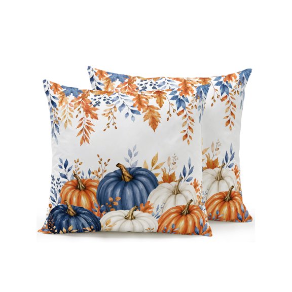 Outdoor Pillows Waterproof, Orange Blue Fall Pumpkins Bedding Throw Pillows with Insert for Couch Sofa Bed, Weeping Botanical Thanksgiving 18x18 Inch Pillowcases Decorative Patio Pillow Set of 2