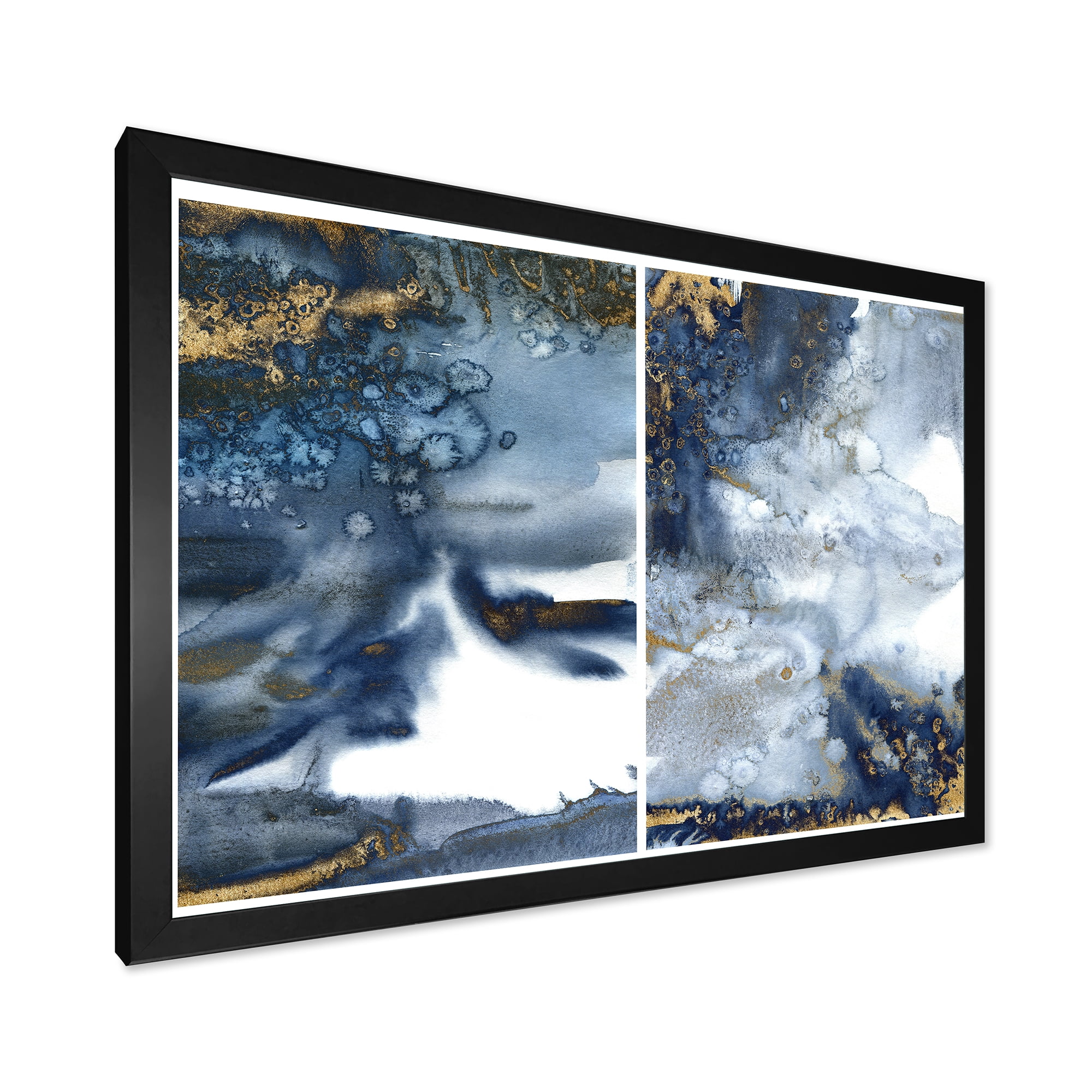 Designart 'Gold and Dark Blue Abstract Waves IV' Modern Framed Art Print
