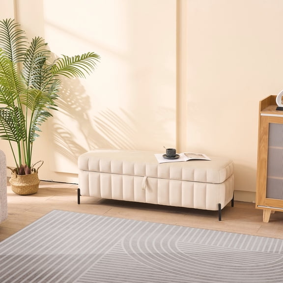 Beige Velvet Soft Bench with Storage / Footstool and Organizer in One