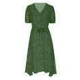 thumbnail image 7 of Ecqkame Fashion Women Summer Casual Long Dresses V-Neck Tummy Control Belted Dresses Polka Dots Print Short Sleeve Flowy Dresses Army Green S, 7 of 7