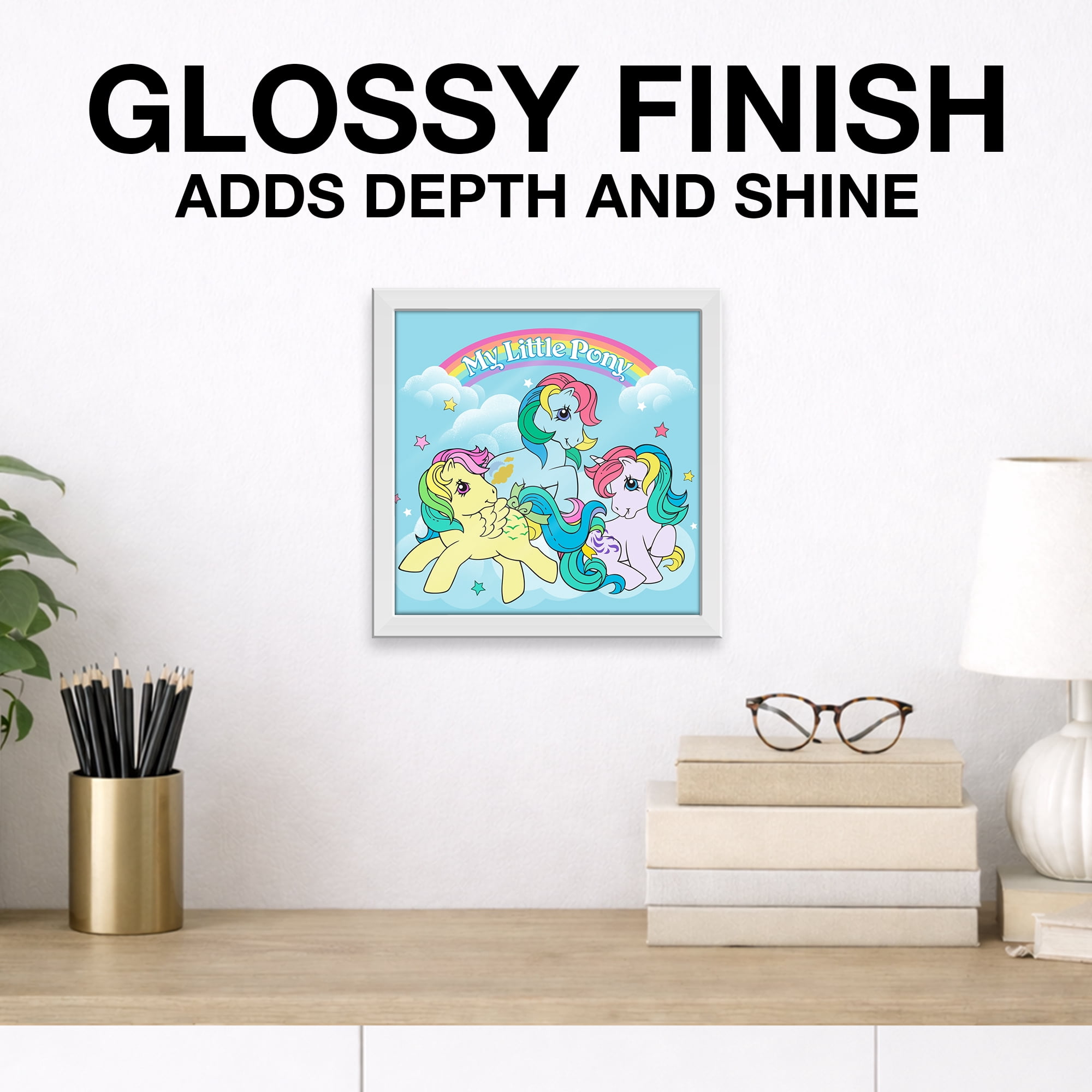 (2 pack) Silver Buffalo My Little Pony Retro Trio Clouds Logo Gel Coat 6" x 6" Framed MDF Modern Wall Art