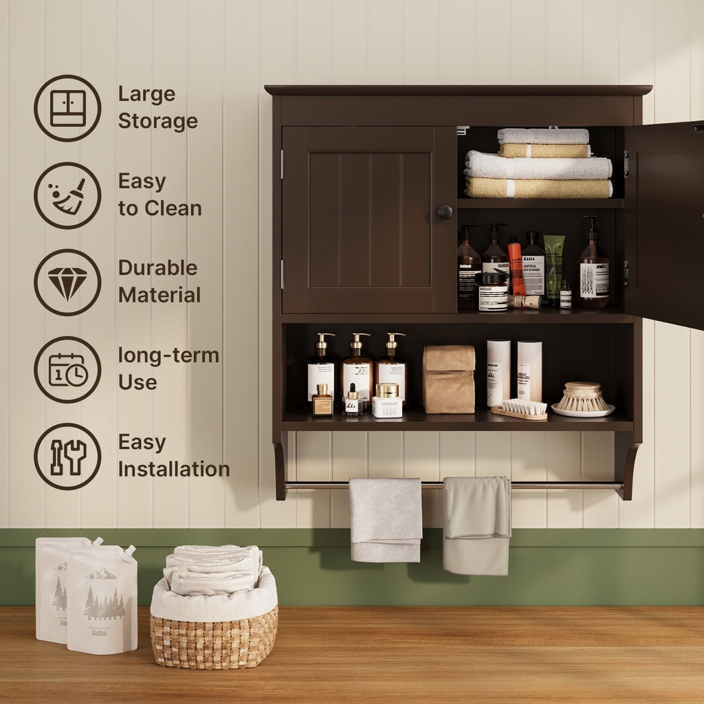 Aiho Medicine Cabinet Bathroom Organizer, Double Door Wall Mounted Storage Mirror Cabinet with Adjustable Shelves - Dark Brown