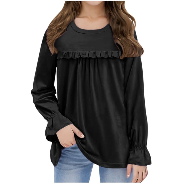 FAIWAD Girls Ruffle Long Sleeve Tops Casual Ruffle Crewneck Comfy Pullover Kids Going Out Cute Tees 5-13Y