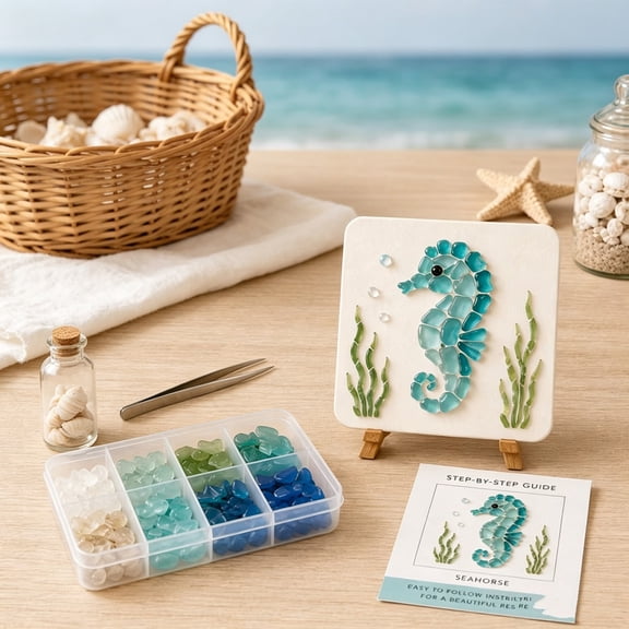 Sea Glass Art Kits Mosaic Kits for Adults, Stained Glass Arts and Crafts, Marine Animals Theme Arts and Crafts, Resin Kit for Beginners, Bookshelf, Wall, Windowsill
