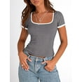 thumbnail image 6 of PRETTYGARDEN Women's Summer Short Sleeve T Shirts Ribbed Knit Square Neck Color Block Slim Fit Basic Casual Crop Tops Blouses, 6 of 9