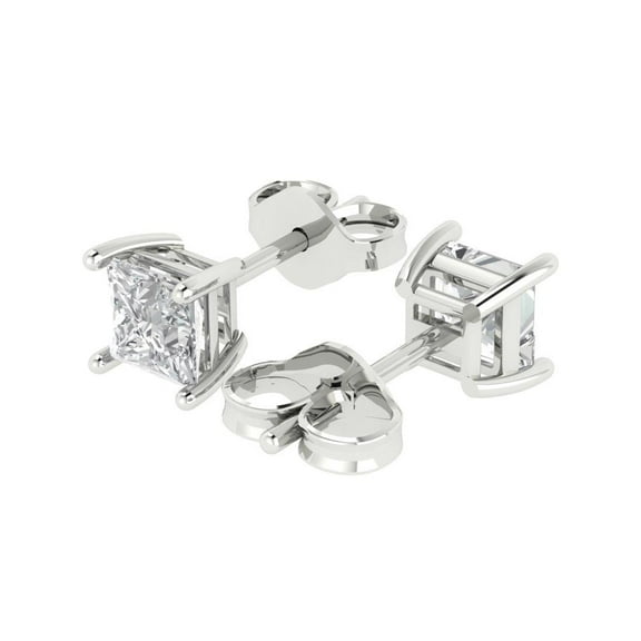 1.5 Ct Princess Cut Studs Clear Crystal 14K White Solid Gold Everyday Dainty Earrings Push Back