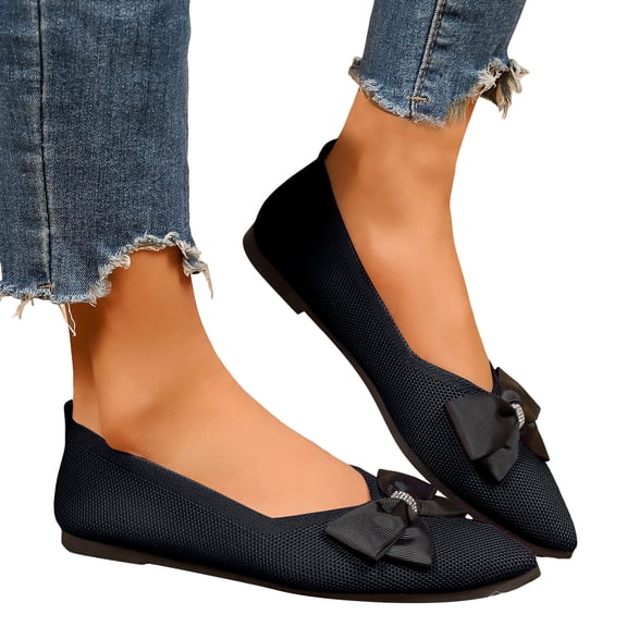 Rokment Women's Sparkly Rhinestones Bow Dress Shoes Spring Fall Fashion Mesh Pointed Toe Ballet Flat Low Heel Walking Slip on Loafers for Bride Black Size 6