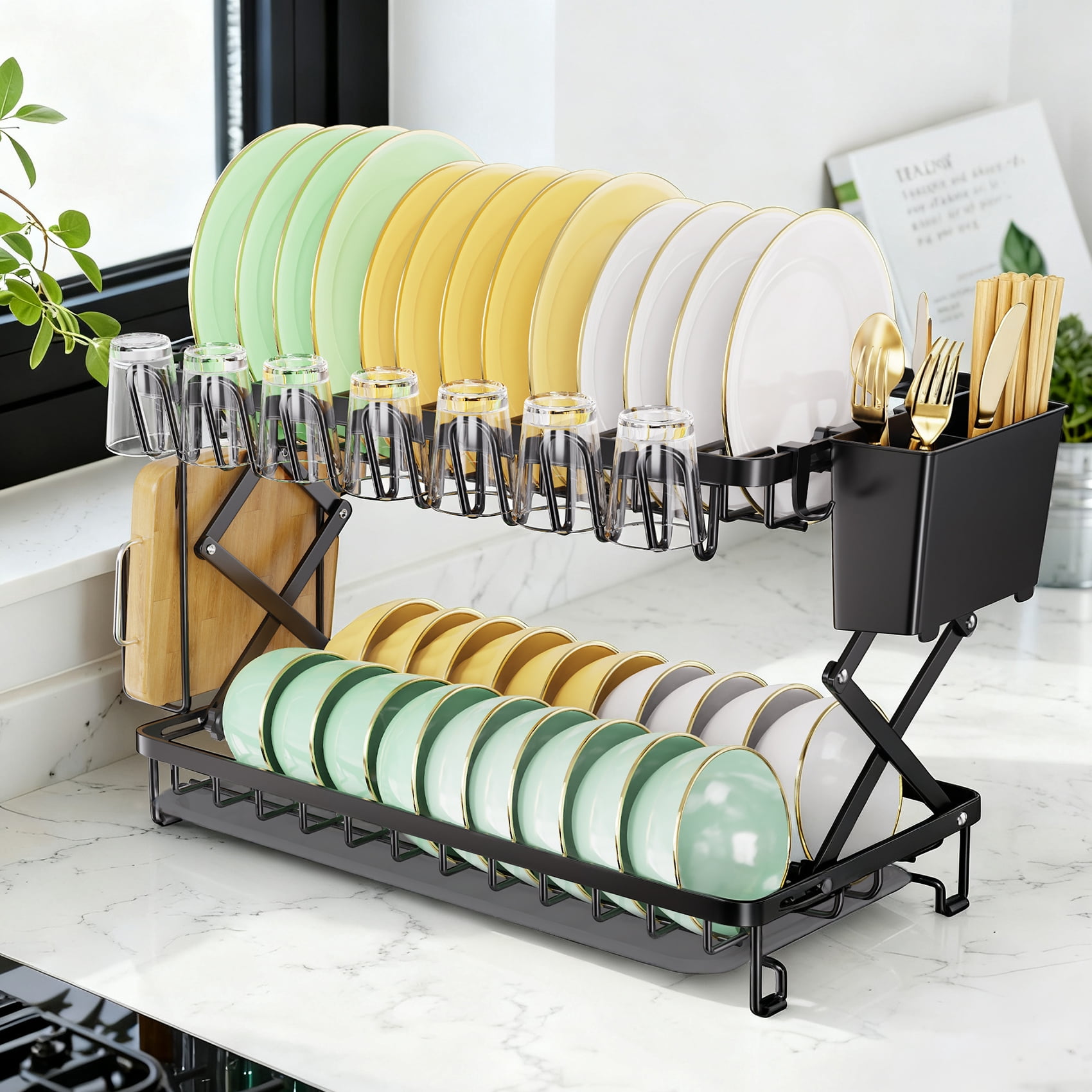 Glovv 2-Tier Collapsible Dish Drying Rack, Large Dish Racks for Kitchen Counter, Dish Drainer Sink Organizer with Utensil Holder for Dishes, Spoons and Forks, Black