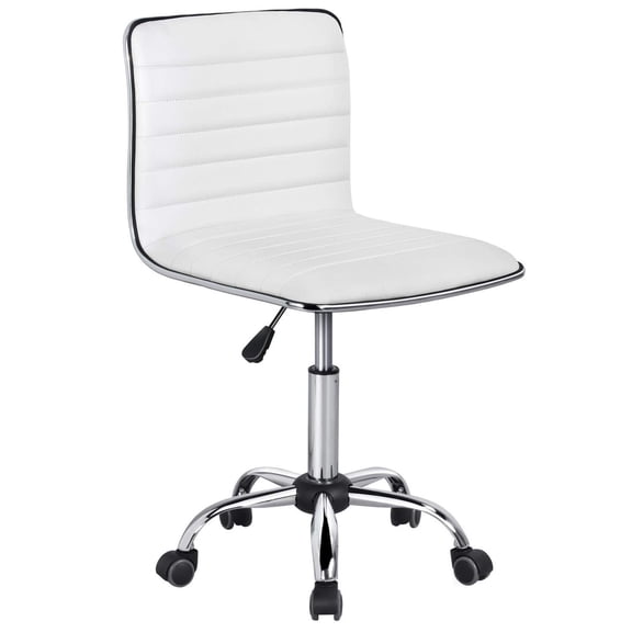 PU Leather Low Back Armless Desk Chair, Ribbed Swivel Task Chair with Wheels for Home Office, Computer Vanity Stool, White