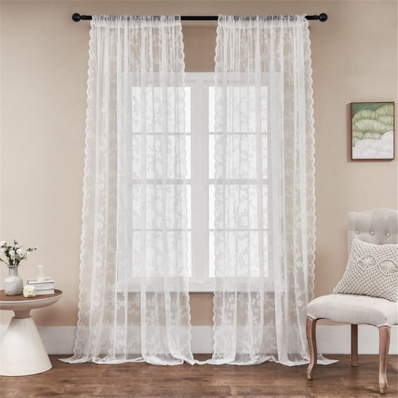 Ejiaya 2 Panels Sheer Lace Curtains for Bedroom White Elegant Victorian Curtains Scalloped Edges Floral Kitchen Window Curtains 39 Inch Length Rod Pocket, 29 x 39 Inch