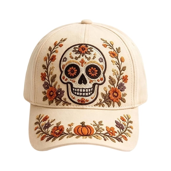 Halloween Sugar Skull Baseball Cap Floral Pumpkin Embroidered Hat Fall Vintage Snapback Cap For Party Outdoor Sport(Beige-60Cm)