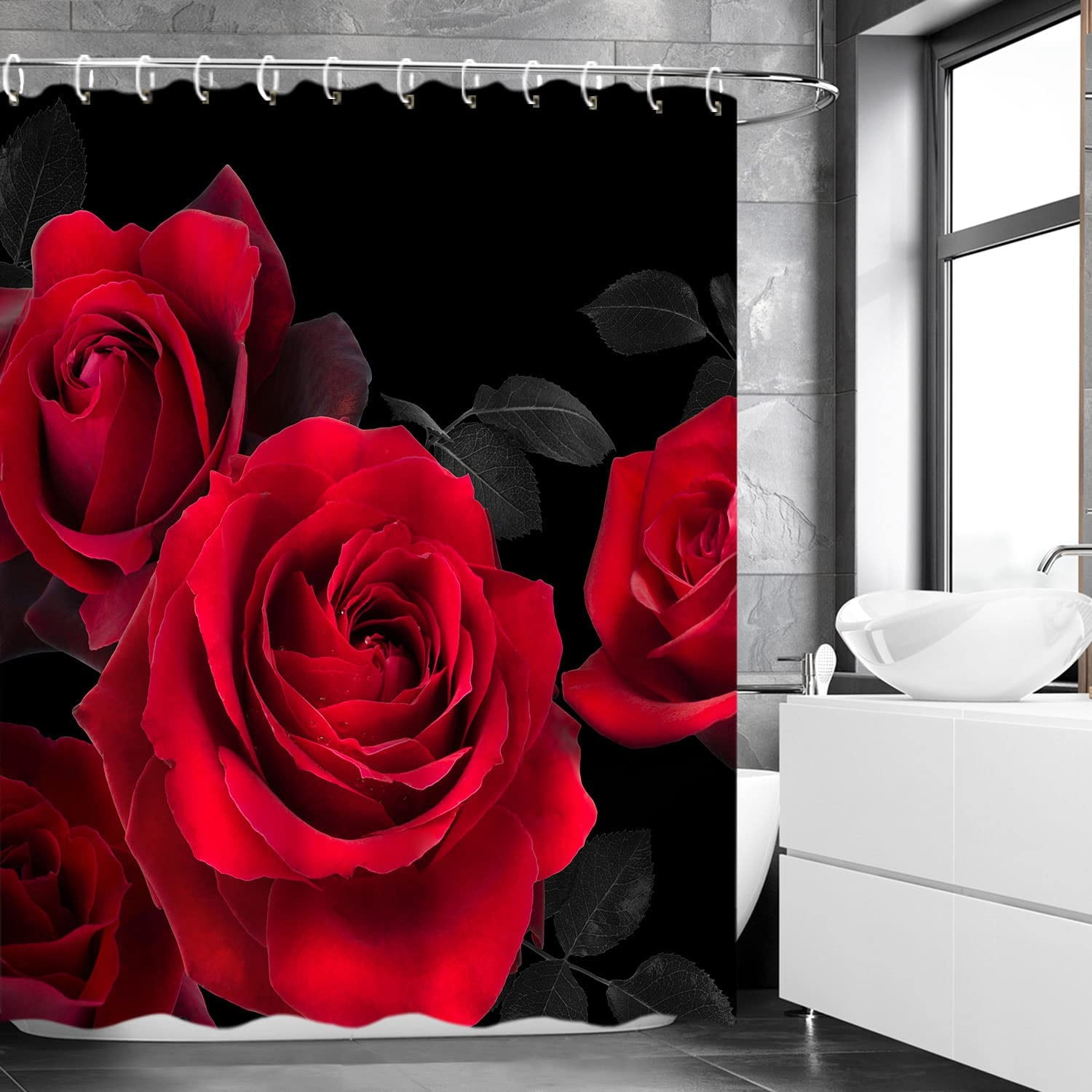 Red Shower Curtain for Bathroom Rose Shower Curtain Black and Red Shower Curtains Red Rose Shower Curtain with Hooks Black Floral Flower Decorative Pretty Valentine Gift, 72" W x 72" H