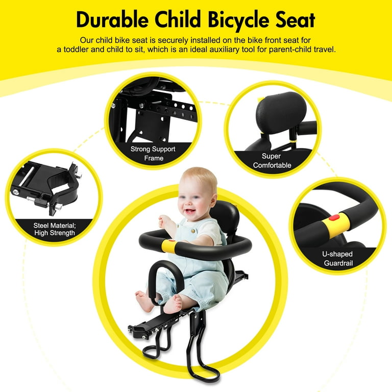 Safety Child Bicycle Seat Bike Front Baby Seat Kids Saddle with Foot Pedals Support Back Rest for Road Bike