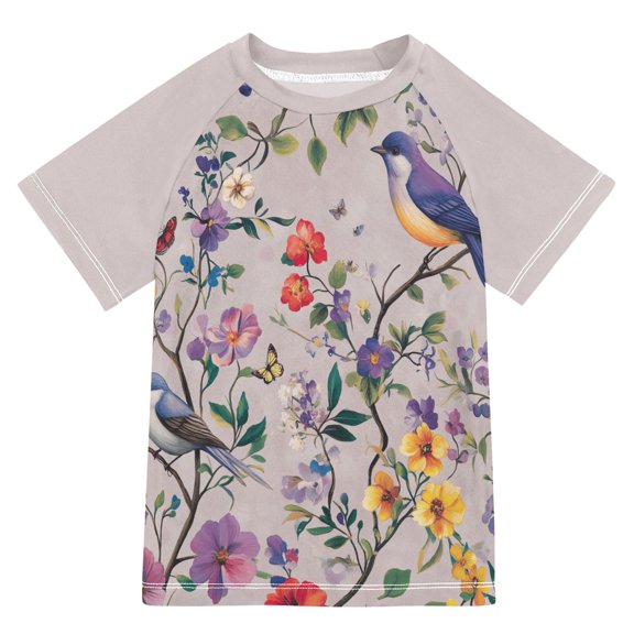 FORMRS Boys Rash Guard Short Sleeves Swim Shirt Quick Dry UPF 50  Sun Protection, Sizes 3-12T, Purple Floral Pattern