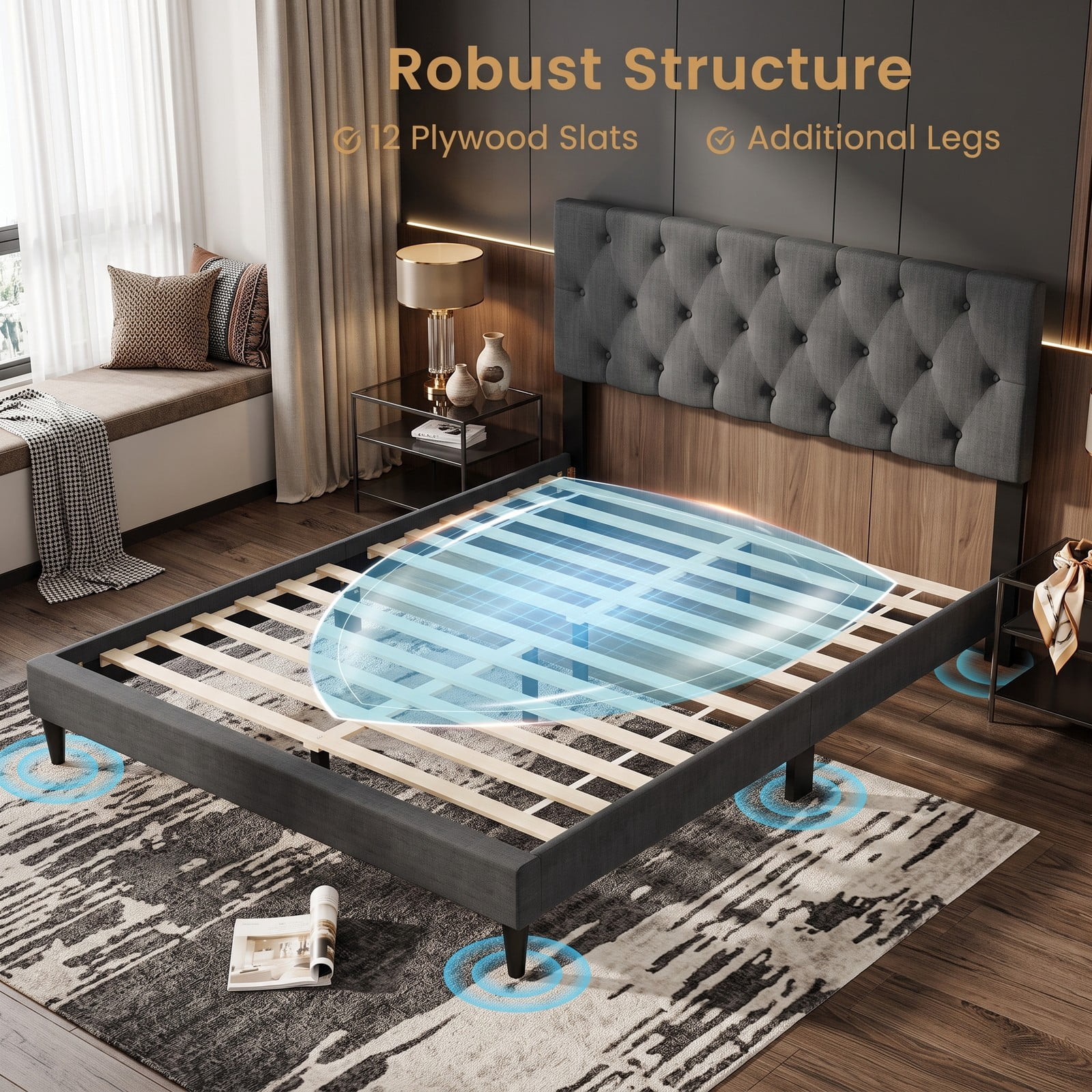 Furnibear Queen Bed Frame, Upholstered Platform Bed Frame with Tufted Wingback Headboard, Queen Bed Frame with Headboard and Slat Support, Gray