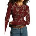 thumbnail image 2 of Women'S Floral Knitted Long Sleeve Crew Neck Going Out Slim Fit Tops Fall Outfits Trendy Clothes Wine Red S, 2 of 9
