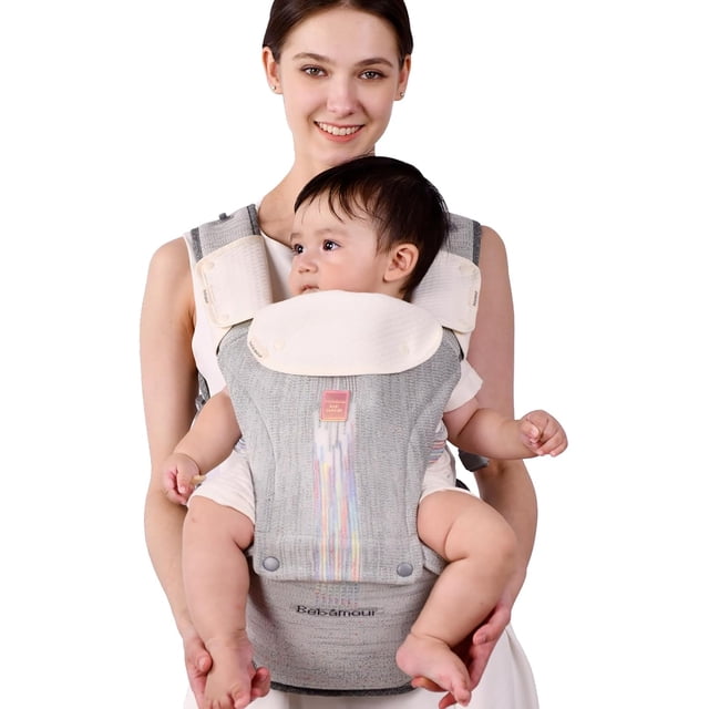 - Portabebés para recién nacidos a niños pequeños con asiento de cadera, portabebés delantero y trasero con capucha para la cabeza, 3 almohadillas para orejas de dentición, bolsa de