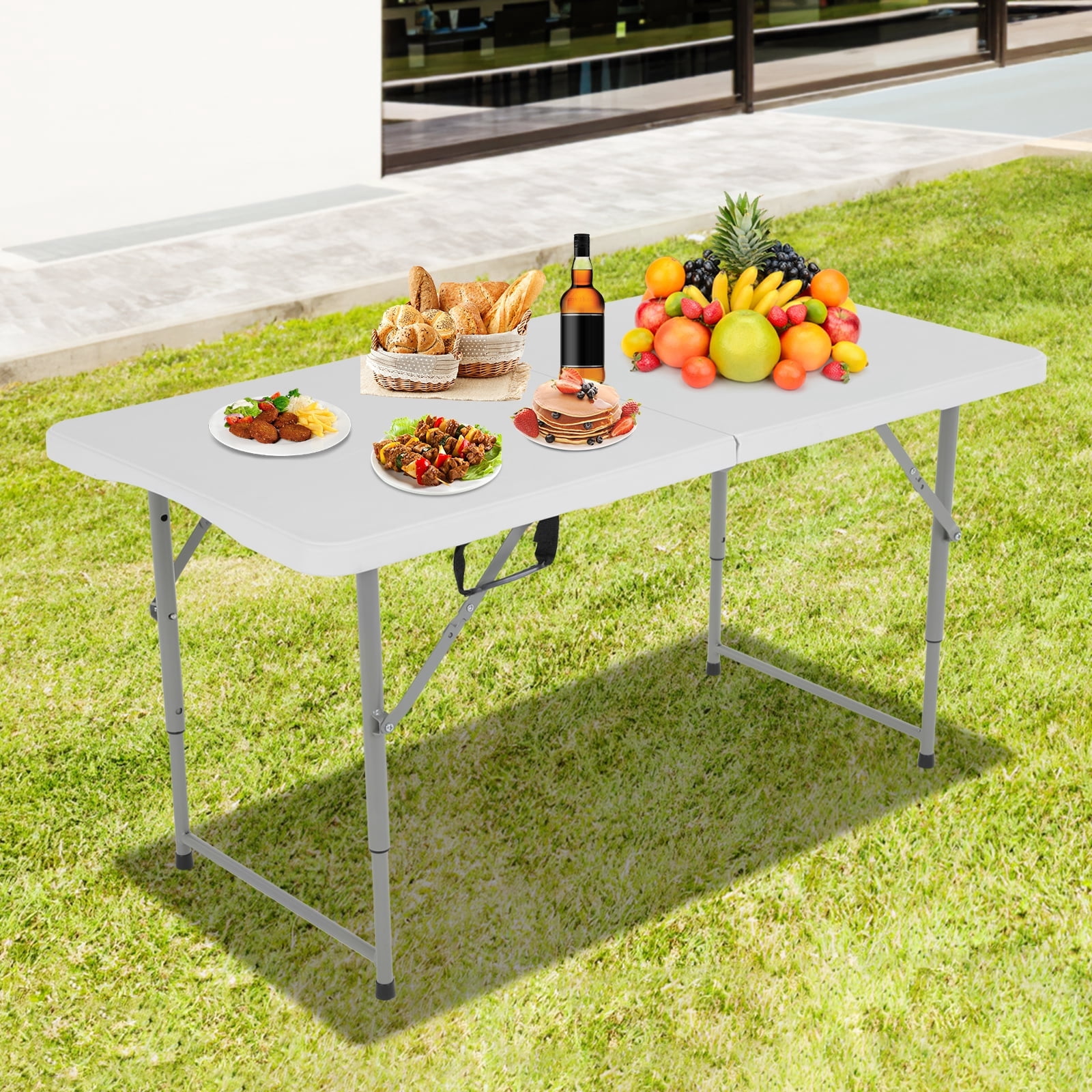 Dkelincs 4ft Folding Table Adjustable Height Picnic Camping Table Plastic Portable Table with Handle, White