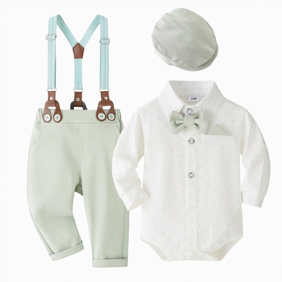 Splozh Wedding Outfit for Toddler Boy Long Sleeved Shirt Overalls Suit Fashionable Baby Gentleman Suit Wedding Guest Outfit,Light Green,12-18 Months