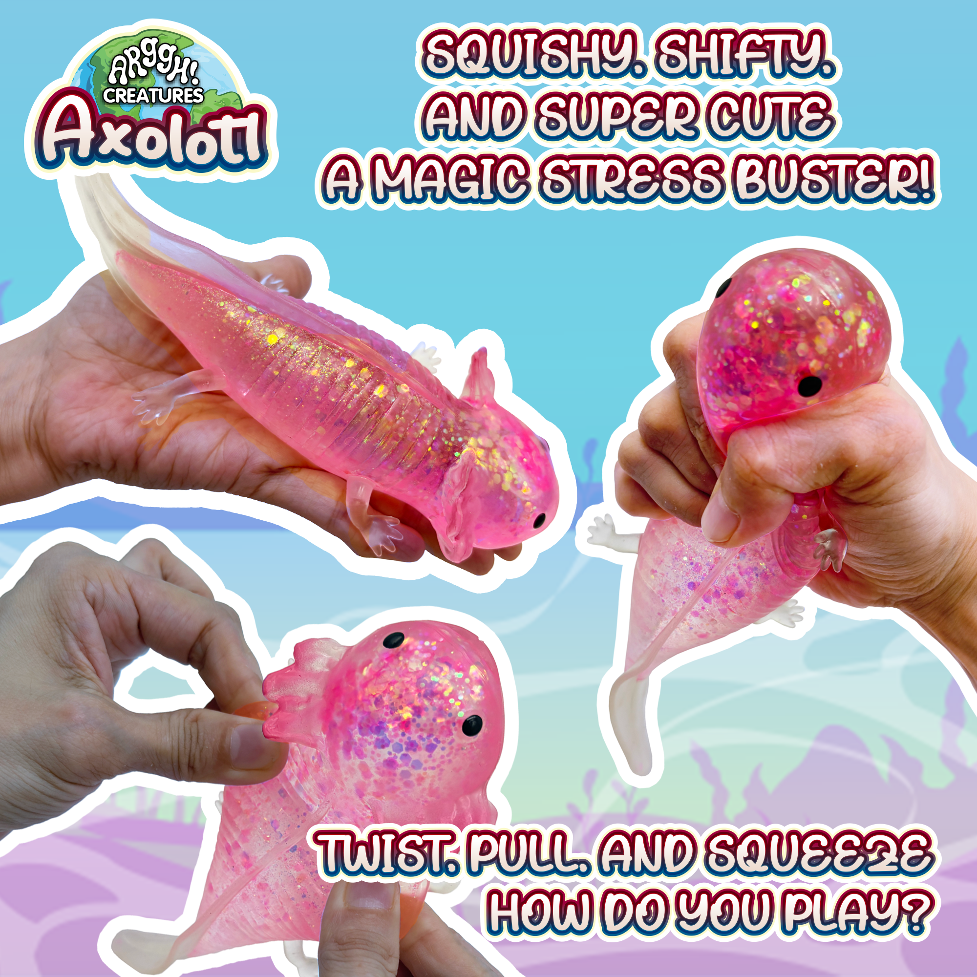 Power Your Fun Glitter Pink Axolotl Stress Ball photo 2