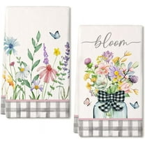 Jbralid Pink Wildflowers Spring Kitchen Towels Dish Towels Set of 2, Bloom Grey Buffalo Check Plaid Hand Towels 16x27.5 Inch Drying Dishcloth, Farmhouse Home kitchen Seasonal Spring Decorations