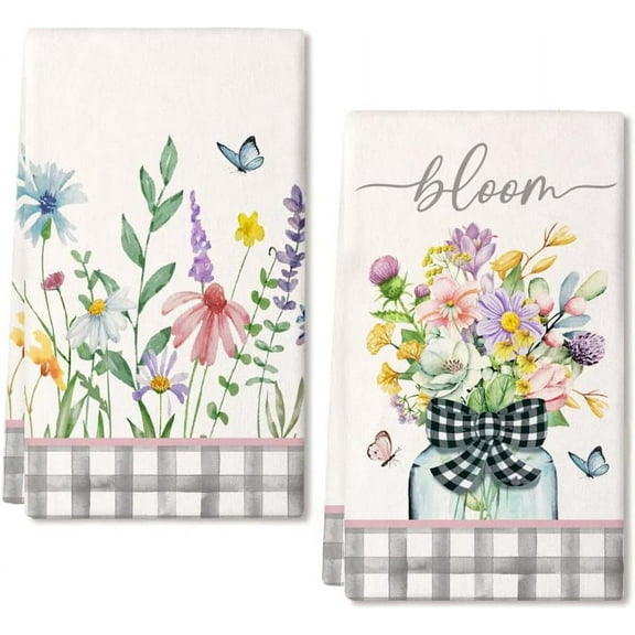 Pink Wildflowers Spring Kitchen Towels Dish Towels Set of 2,Bloom Grey Buffalo Check Plaid Hand Towels 18x26 Inch Drying Dishcloth,Farmhouse Home Seasonal Spring Decorations AD327