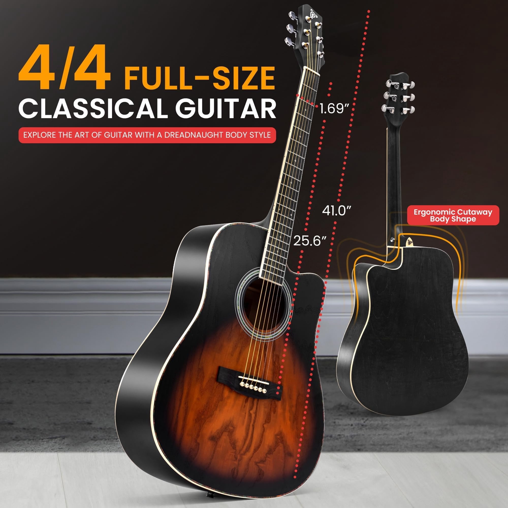 Pyle Steel String Acoustic Guitar Kit, 41" Full Size Cutaway with Ashtree Top, Open Pore Finish, Premium Accessory Set with Armored Gig Bag, Sunburst Teardrop Matte