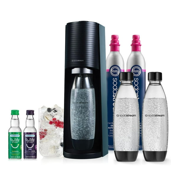 SodaStream - Generador de agua con gas Terra | PAQUETE DE VALOR | Sistema CQC CO2 | Incluye 2 cilindros de CO2, 3 botellas aptas para lavavajillas de 32 onzas líquidas, 2 gotas de sabor burbujeante |