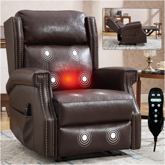 JERFIT Recliner Chair with Massage and Heat, 155° Heavy Duty Manual Reclining Sofa, Faux Leather Living Room Lounge Chair with Vibration, Antique Brown