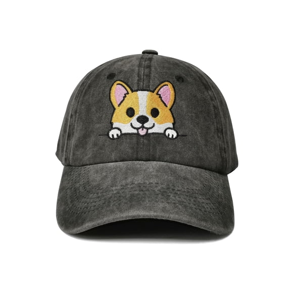 Gorra de béisbol negra desgastada bordada Hepandy con diseño de corgi