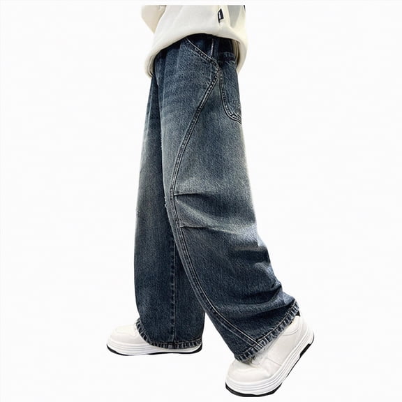 TOWED22 Baggy Jeans Boys Y2K Straight Wide Leg Denim Pants Kids Casual Elastic Waist Loose Trousers Pockets Streetwear 4-14T(Blue,9-10 Y)