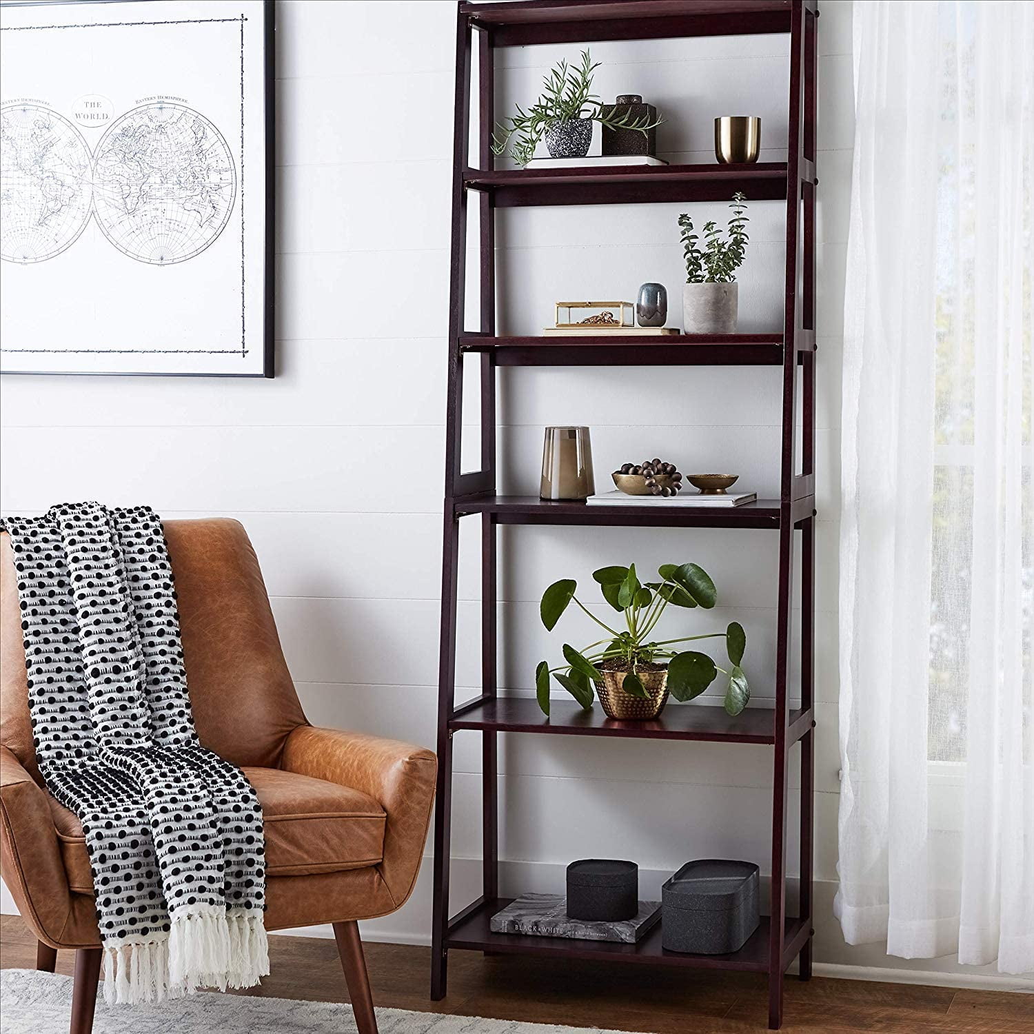 PJ Wood 5 Tier Bookshelf Ladder Shelf Bookcase with Storage Shelves