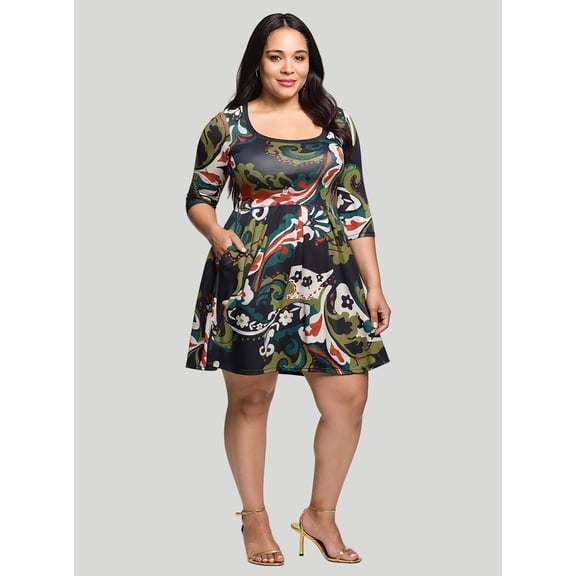 Plus Size Paisley Scoop Neck Fit N Flare Dress