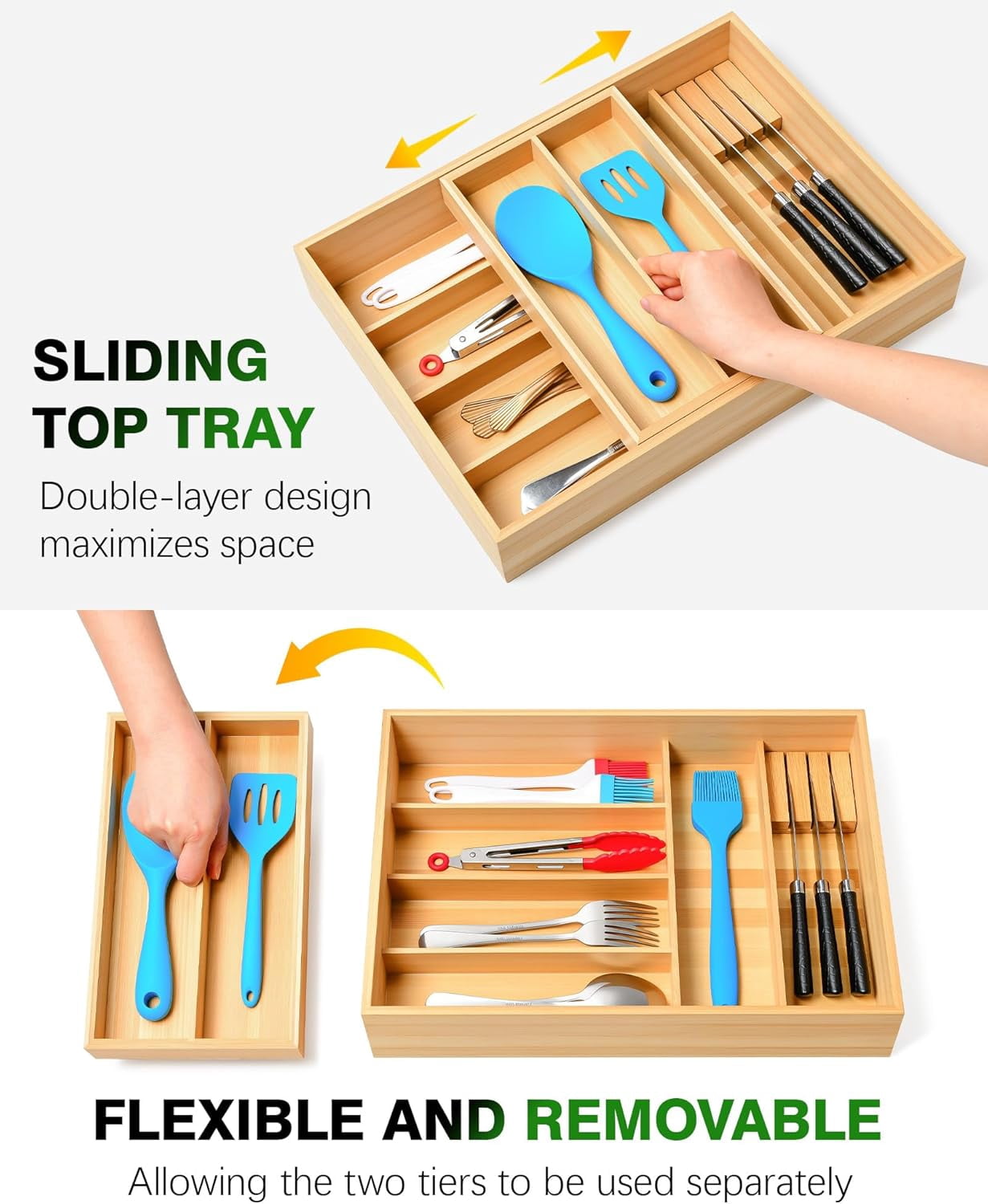 Silverware Drawer Organizer with Sliding Top Tray, Double Layer Wooden Utensil Organizer with Removable Knife Holder